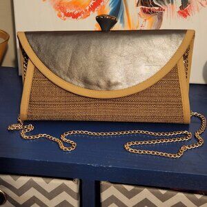 Medium size PATRICK MICHAEL fold over crossbody purse woven canvas|faux leather